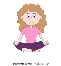 Cartoon girl sitting in lotus position, isolated on white background, vector image