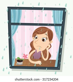 Cartoon Girl Sitting Near Window On Stock Vector (Royalty Free ...