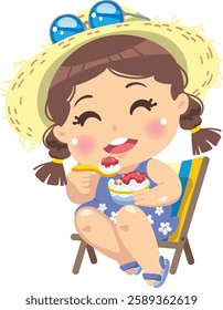 cartoon girl sitting on beach chair and eating eating shaved ice
