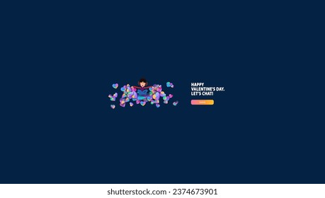 A cartoon girl is sitting on a large number of colored hearts. Vector banner