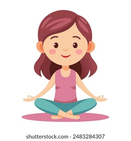 A cartoon girl sitting on a yoga mat in lotus position, smiling