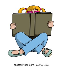 Cartoon girl sitting and reading a big book