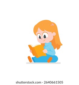 Cartoon girl sitting and reading book isolated on white