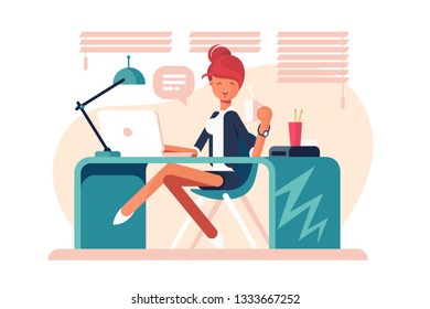 Cartoon girl sitting at workplace vector illustration. Smiling girl drinking coffee and working with laptop in bureau flat style concept. Office interior