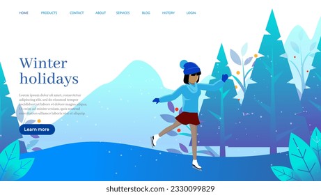 Cartoon girl skates on ice in street, snow is falling on spruces. Winter holidays landing page template. Child wearing winter clothes and racing skates. Happy kid in cold season of year having fun