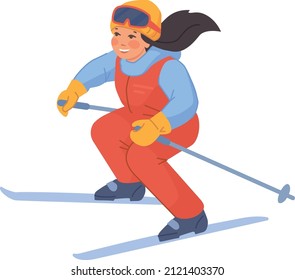 Cartoon girl skiing. Active happy child in winter season isolated on white background