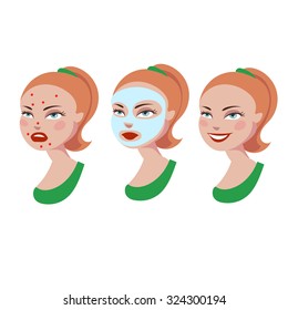Cartoon girl with skin problem. Cosmetic product against acne