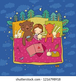 Cartoon girl sleeping in bed. Baby and toys. animals of the forest. Children's tale. Time to sleep. Good night