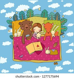 Cartoon girl sleeping in bed. Baby and toys. animals of the forest. Children's tale. Time to sleep. Good night - Vector 