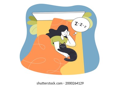 Cartoon girl sleeping with cat in bed. Flat vector illustration. Young woman dreaming, relaxing, resting under duvet, on colorful mattress, hugging black cat. Rest, sleep, pet, comfort, home concept