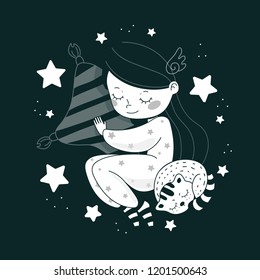 Cartoon girl with a sleeping cat on a dark background. Good night. Bed time. Sweet dreams. Sleeping girl. Vector illustration. Picture for postcard, t-shirt, poster.