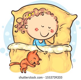 Cartoon girl sleeping in her bed, vector kids clipart