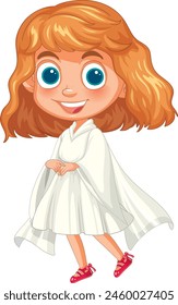 Cartoon girl smiling in a flowing white dress