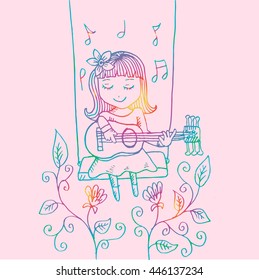 Cartoon girl smiling on swing, with guitar. Hand drawing illustration.
