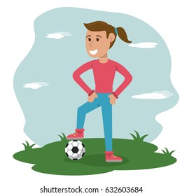 cartoon girl with soccer ball in meadow