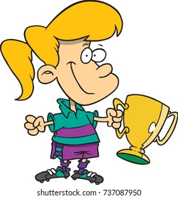 cartoon girl soccer player holding a trophy