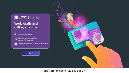 Cartoon girl in a space suit and web interface elements in space. Vector banner