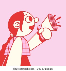 Cartoon girl speaks loud using megaphone. Red and pink colors.