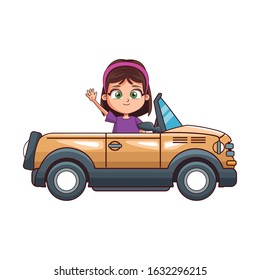 cartoon girl in a sport car icon over white background, colorful design, vector illustration