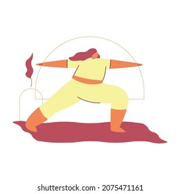 Cartoon girl in a sports uniform. Beautiful plump woman does yoga at home. Sports, meditation, spiritual practice. Colorful illustration on a white isolated background. Vector clipart.