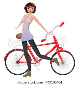 Cartoon girl stand near bicycle on white background.
