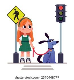 Cartoon girl standing by the pedestrian crossing holding a dog on a leash. Isolated on white. Flat vector design