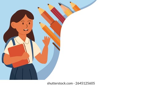Cartoon girl standing with giant colored pencils and blank space for educational message