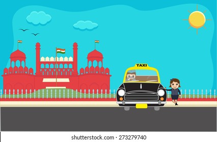 Cartoon Girl Standing with Taxi in front of Red Fort