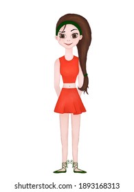 cartoon girl standing in a top and skirt.