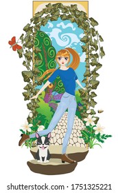 Cartoon girl stands near arched gate in the secret garden, illustration.