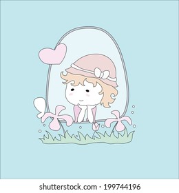 cartoon girl staring out at the garden