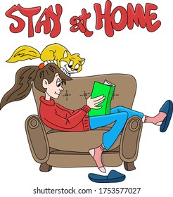 Cartoon girl staying at home with her cat to be safe from corona virus, reading books vector illustration