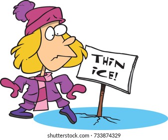 cartoon girl stepping onto thin ice