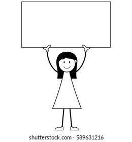 Cartoon girl stick figure holding blank placard