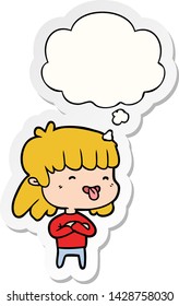 cartoon girl sticking out tongue with thought bubble as a printed sticker