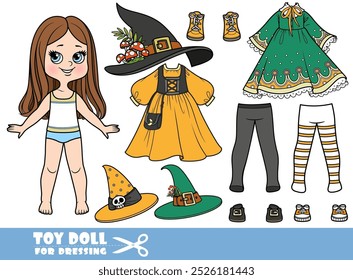 Cartoon girl with straight hair and clothes separately -  witch costume constructor with hats, tights and dresses. Image produced without the use of any form of AI software at any stage.