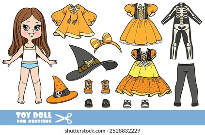 Cartoon girl with straight hair and clothes separately -  witch costume constructor with hats, tights and orange dresses. Image produced without the use of any form of AI software at any stage.