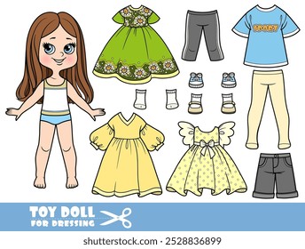 Menina de desenhos animados com cabelo liso e jeans shorts, sandálias, vestidos leves para o guarda-roupa de verão. Imagem produzida sem a utilização de qualquer forma de software de IA em qualquer fase.