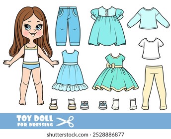 Menina de desenhos animados com cabelo liso e jeans jeans, sandálias e vestidos leves para o guarda-roupa de verão. Imagem produzida sem a utilização de qualquer forma de software de IA em qualquer fase.