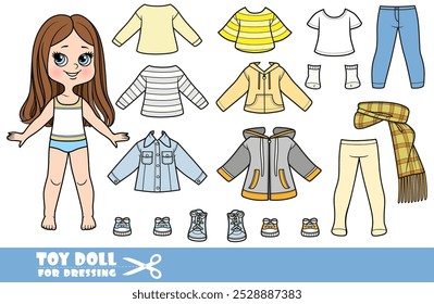 Cartoon girl with straight hair and denim jeans, sweatshirts, long sleeves, jackets, scarf and boots for cold weather. Image produced without the use of any form of AI software at any stage.