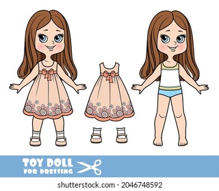 Cartoon girl with straight hair dressed and clothes separately - elegant beige dress with embroidered flowers and a bow, beige sandals doll for dressing