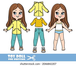 Cartoon girl with straight hair dressed and clothes separately - longsleeved T-shirt, jeans, windbreaker jacket, sneakers  doll for dressing