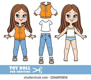 Cartoon girl with straight hair dressed and clothes separately - sports jacket, t-shirt, jeans, sneakers doll for dressing