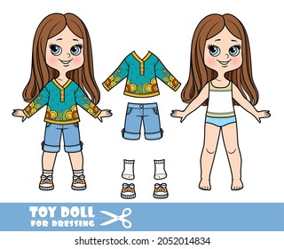 Cartoon girl with straight hair dressed and clothes separately - color summer tunic, denim shorts, sneakers doll for dressing