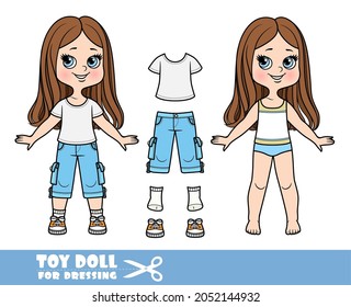 Cartoon girl with straight hair dressed and clothes separately - White T-shirt,  jeans large pocket shorts, sneakers doll for dressing