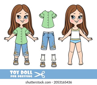 Caricatura de una chica con el pelo recto vestido y la ropa por separado - larga túnica, calzones de denim bordados, zapatillas de muñeca para vestir