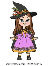 Garota de desenhos animados com cabelo liso em um vestido de fantasia bruxa de Halloween com capa e chapéu em vestido bonito, сroupas são desenhadas separadamente, pode ser despida. Imagem produzida sem o uso de qualquer forma de IA