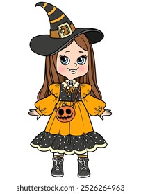 Garota de desenhos animados com cabelo liso no vestido de fantasia bruxa de Halloween com saco de abóbora e chapéu alto, сroupas são desenhadas separadamente, pode ser despida. Imagem produzida sem o uso de qualquer forma de software de IA