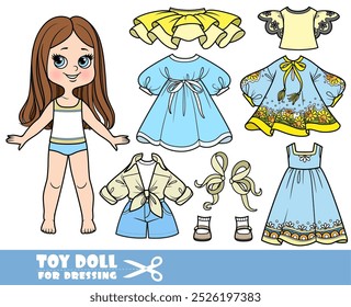 Cartoon girl with straight hair and long sleeve tunic, denim shorts, tutu, sandals, light dresses for the summer wardrobe. Image produced without the use of any form of AI software at any stage.