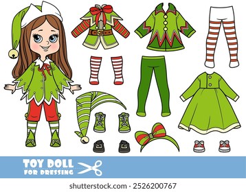 Menina de desenhos animados com cabelo liso e designer de trajes de elfo de Ano Novo com botas, meias, cardigans e chapéus. Imagem produzida sem a utilização de qualquer forma de software de IA em qualquer fase.